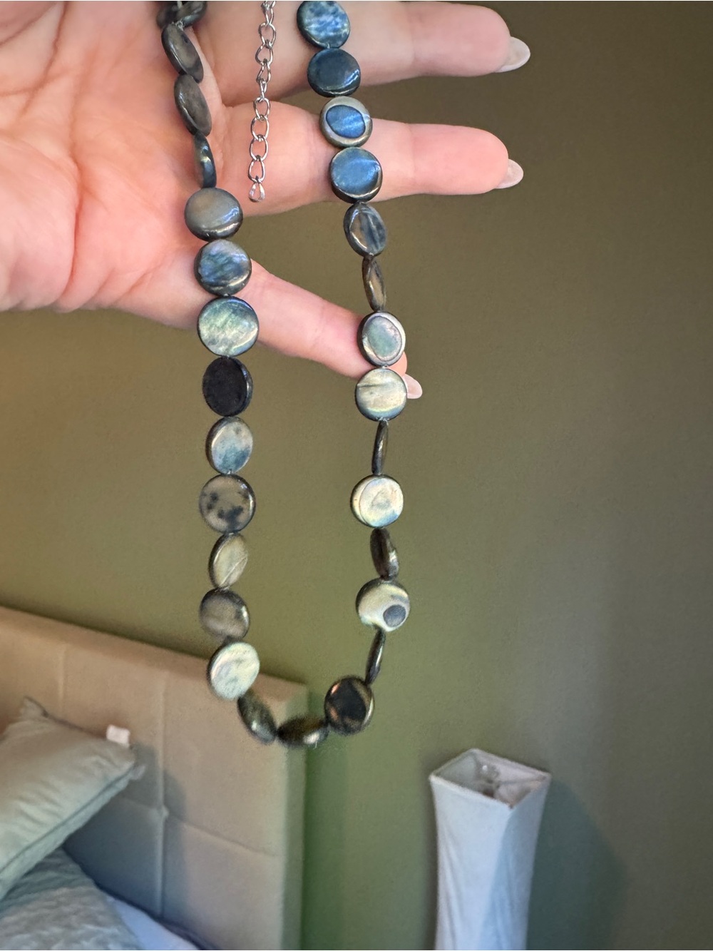 Iridescent Grey-Green Disc Necklace - Women Jewelry matching earrings
